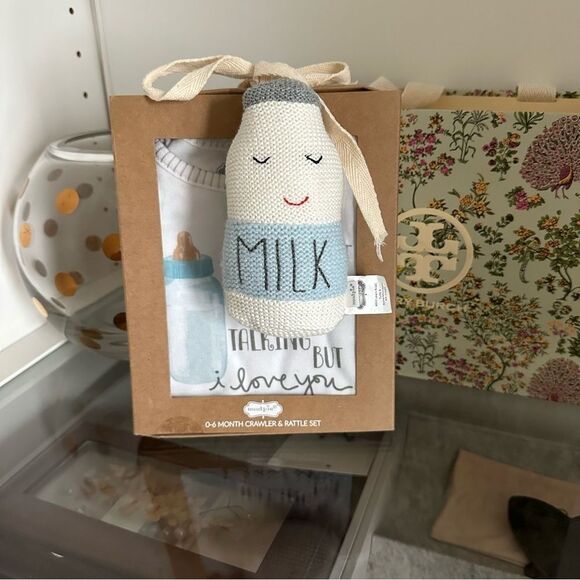 Mudpie 0-6 mos “Milk” Crawler - 2 Piece Set with Crochet Milk Bottle Rattle - Picture 4 of 7